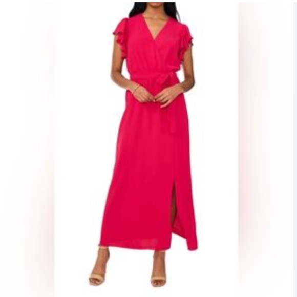 Women's V-Neck Flutter-Sleeve Belted Maxi Dress - Picture 1 of 4